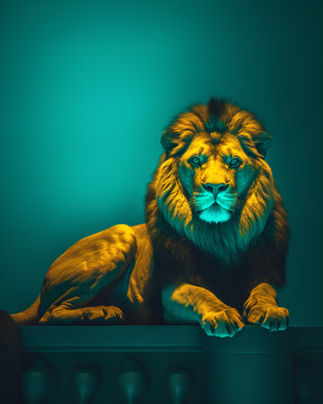 Lion in front of a green background. This is a 3d render illustration.の素材