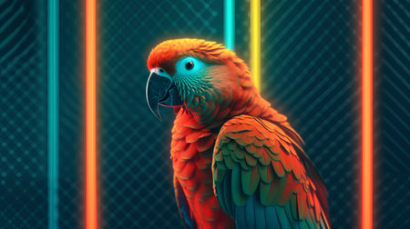Macaw parrot on dark background with neon lights. 3d renderingの素材