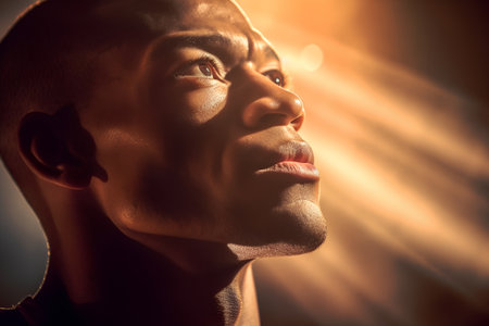 Close-up portrait of a young African American man in the rays of light.の素材