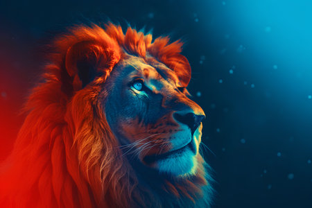 Portrait of a male lion on a dark background. Fantasy image.の素材