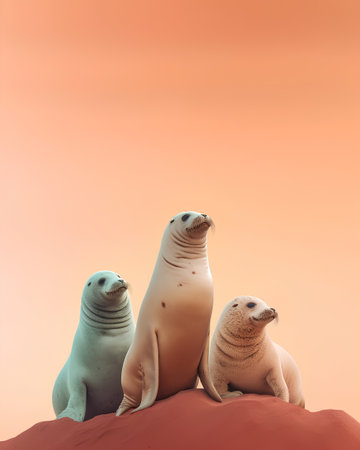 Group of sea lions on the red sand against orange background. Copy space.の素材