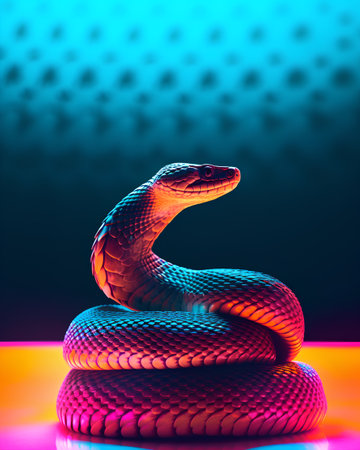 3d rendering of a snake in neon light on a dark backgroundの素材