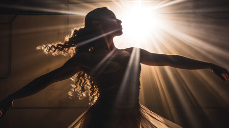 Silhouette of beautiful ballerina in white dress dancing against sunlightの素材