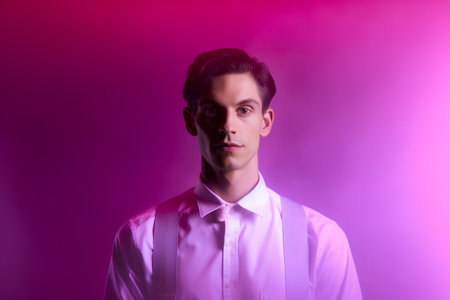Portrait of a young man in a white shirt on a pink backgroundの素材