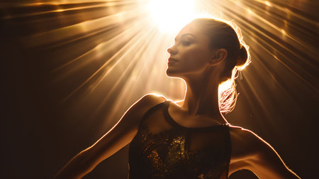 Portrait of a beautiful young woman with closed eyes. Light rays.の素材