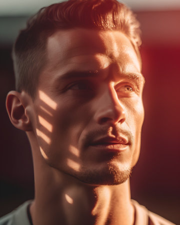 Portrait of a handsome young man with sunbeams on his face.の素材