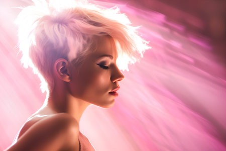 Portrait of a beautiful young woman with short blonde hair and bright pink makeup.の素材