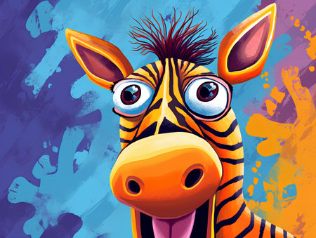 Funny cartoon zebra on grunge background. Vector illustration.の素材