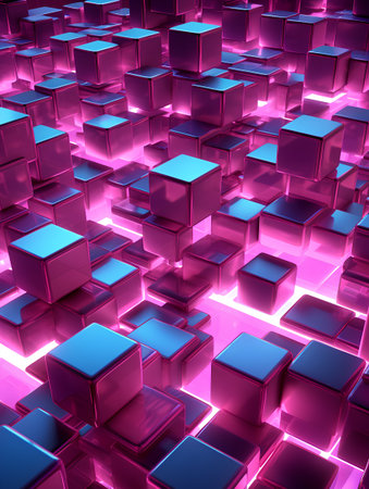 abstract 3d illustration of metallic cubes in pink and blue lightの素材