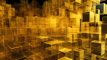Abstract gold background with cubes. 3d illustration. Square composition.の素材
