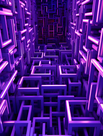 Abstract background with purple square maze. 3d render Illustration.の素材