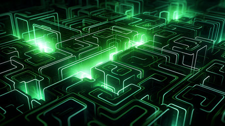 Abstract green circuit board background. 3d render illustration with depth of fieldの素材