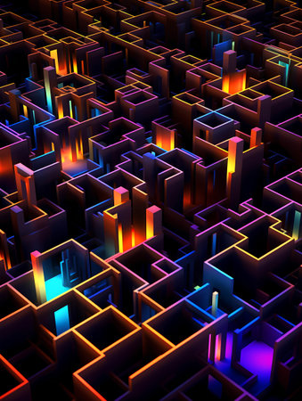 Abstract background with glowing 3d maze. Vector illustration. Eps 10の素材