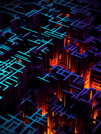 3d render, abstract background with glowing square maze in blue and orangeの素材