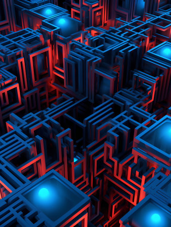3d render, abstract background, square maze, blue and redの素材