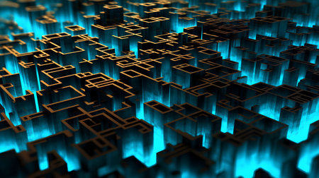 Abstract 3d rendering of chaotic shapes. Futuristic background with glowing cubes.の素材