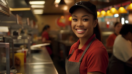 Portrait of a smiling waitress standing at the counter of a coffee shopの素材