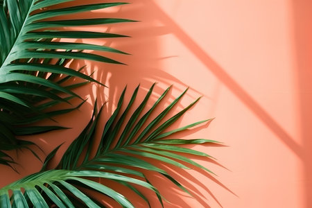 Tropical palm leaves on orange wall background. Flat lay, top viewの素材