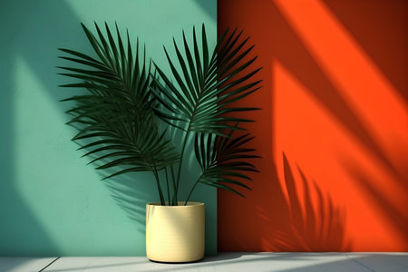 Minimalist interior design with palm leaves in a vase, 3d renderの素材