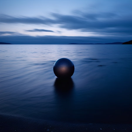 An image of a christmas ball on the beach at dusk.の素材