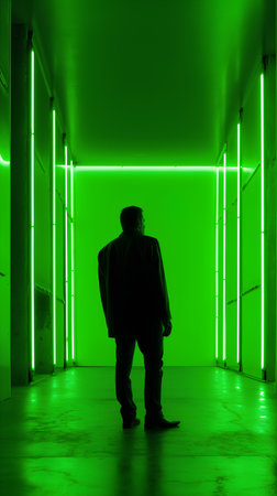 A silhouette of a man standing in a corridor with neon lights.の素材