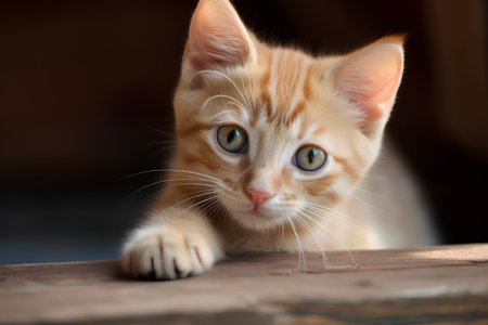 Cute little red kitten sitting on a wooden table. Shallow depth of fieldの素材
