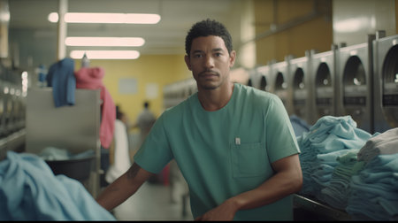 Portrait of a young African-American male laundry worker in a laundromatの素材
