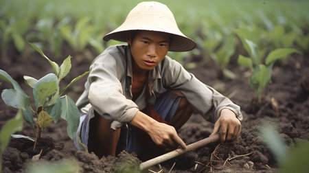Farmer woman working in the field, she is digging the soilの素材