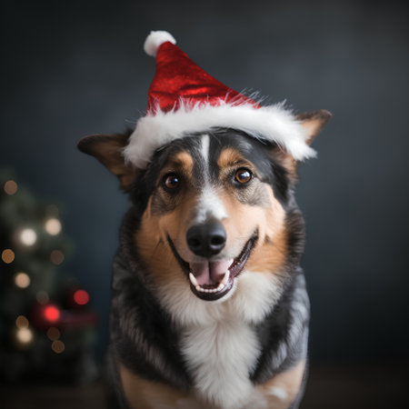 Portrait of a dog in a Santa Claus hat on a dark backgroundの素材