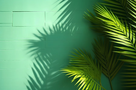 Green wall with palm leaves and shadows. 3d render illustration.の素材