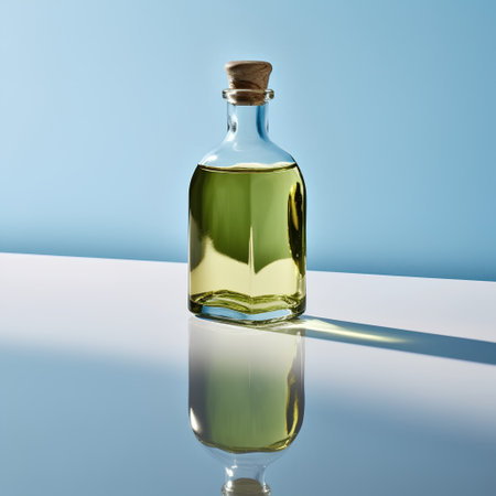 Glass bottle of olive oil on a blue background. 3d renderの素材
