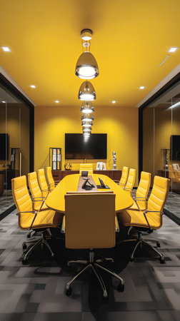 Interior of modern conference room with yellow armchairs and meeting tableの素材