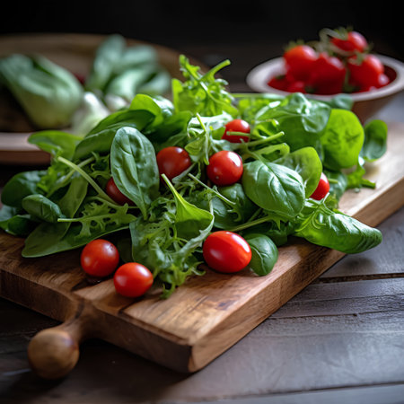 Fresh green salad with cherry tomatoes and arugula on a wooden boardの素材