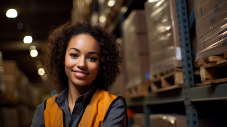 portrait of smiling african american female warehouse worker in warehouseの素材
