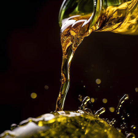 olive oil splashing from a bottle on a dark background.の素材