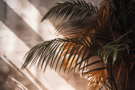 Tropical palm leaves on concrete wall background. 3d render illustrationの素材