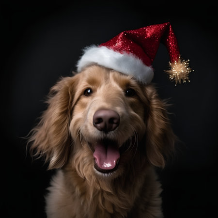 Portrait of a Cocker Spaniel wearing Santa Claus hat on black backgroundの素材