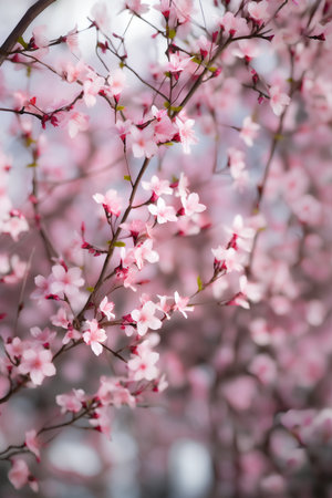 Beautiful pink cherry blossoms on a spring day, close-upの素材