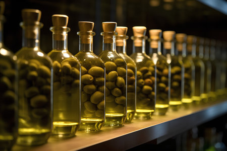 olive oil bottles on a shelf in a wine store, close upの素材
