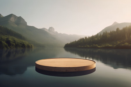 Wooden round platform on the lake. 3D Rendering.の素材