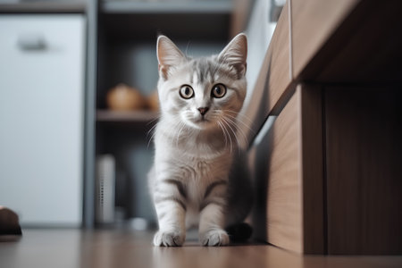 Cute tabby kitten sitting on the floor in the kitchen.の素材