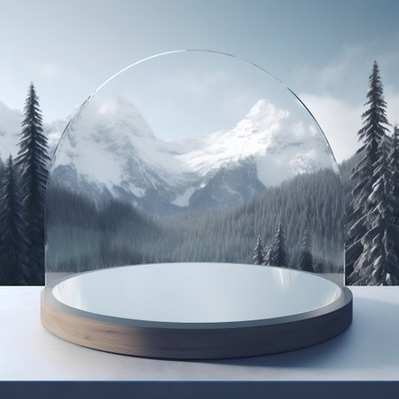 Empty round podium on the background of winter mountains. 3d renderingの素材