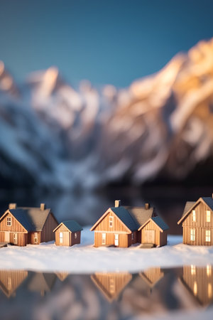 Small houses in the snow with mountains in the background, 3d renderの素材