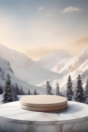 White marble podium for product presentation in winter mountains. 3D renderingの素材