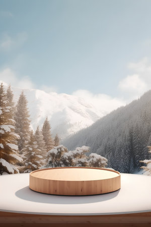 Wooden podium on the background of winter landscape. 3d renderの素材