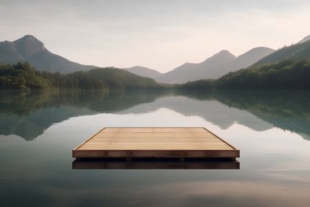 Wooden pier on mountain lake with reflection in water. 3d renderの素材