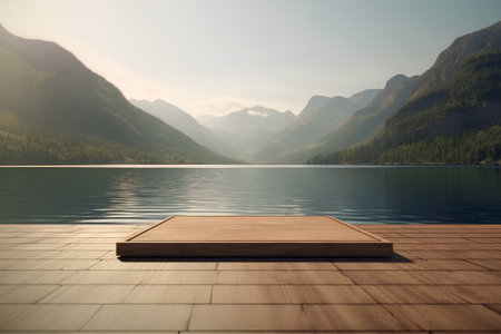 Wooden board on edge of swimming pool with mountain view background.の素材
