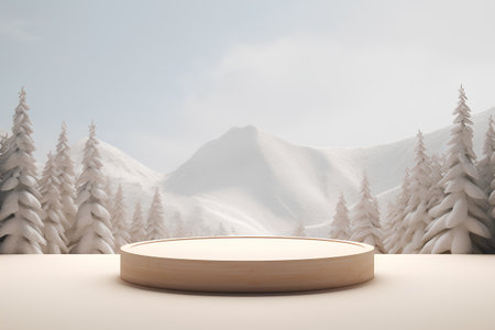 Wooden podium in the snowy mountains. 3d rendering mock upの素材