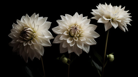 Three white dahlia flowers isolated on black background. Close-up.の素材