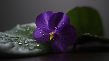 Beautiful violet flower with drops of water on a dark background.の素材